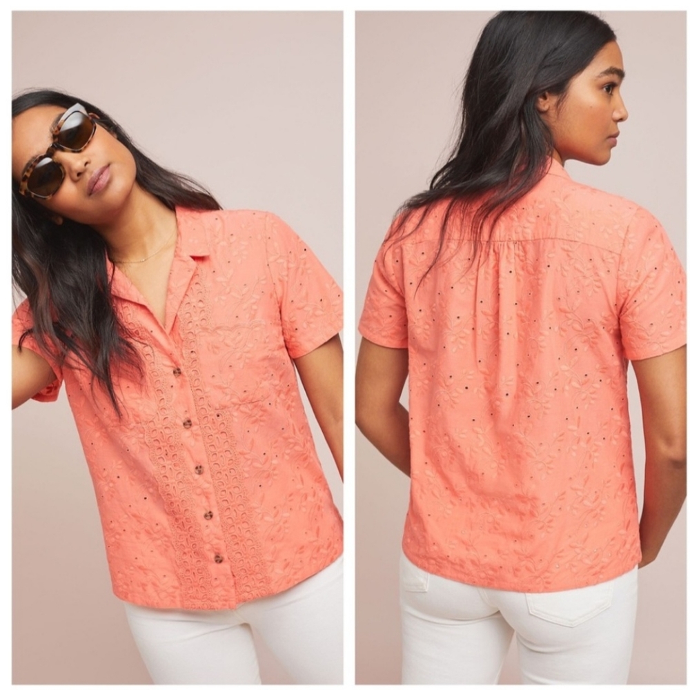 Anthropologie Maeve Guayabera Eyelet Embroidered Blouse